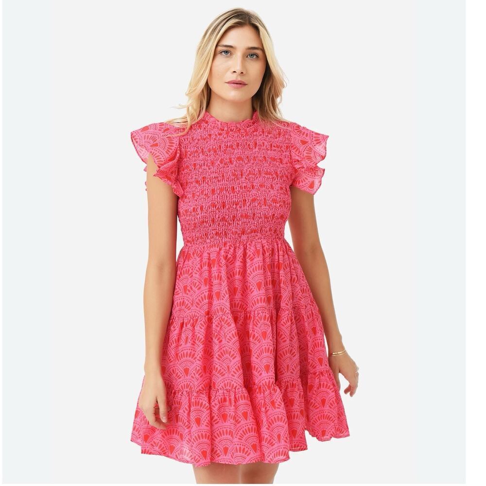 J Marie Ella Smocked Ruched Tiered Dress Small Pink Pockets Lined Retail $158